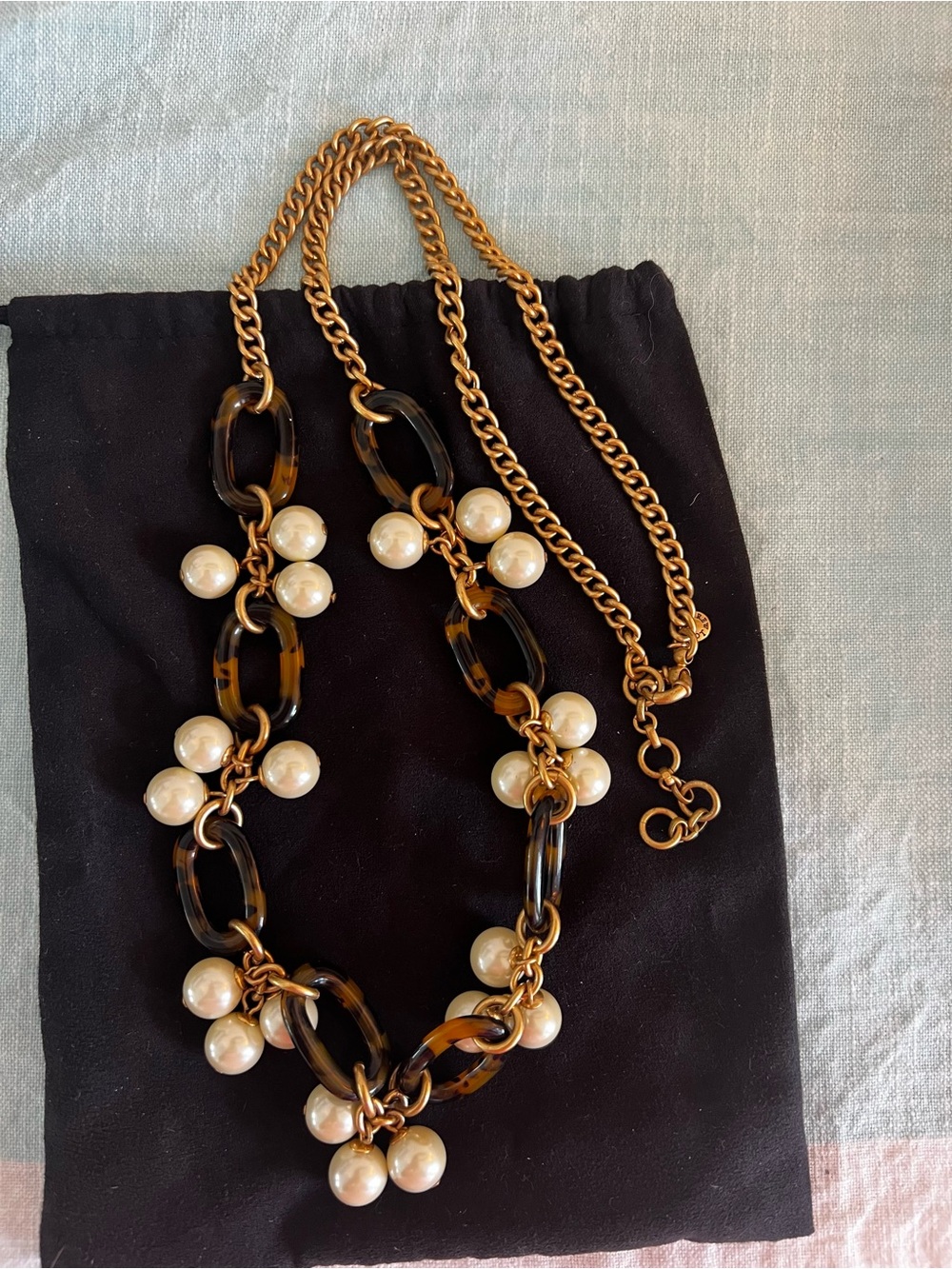 J. Crew Gold Chain Necklace with Tortoiseshell Links and Pearl Clusters